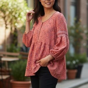 Max Studio Puff Sleeve Lightweight Floral Coral Women's 3/4 Sleeve Top